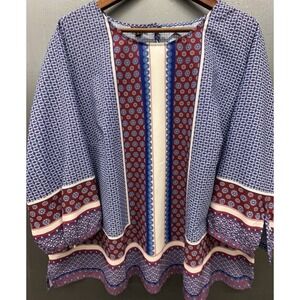 Talbots Woman Shirt 3X Blue Burgundy Geo Mandala Print Preppy Blouse Top